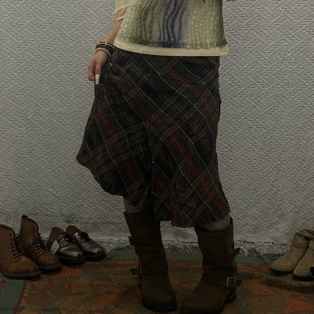 빈티지 컨트리 보헤미안 레트로 체크 언발 미디스커트 K0069