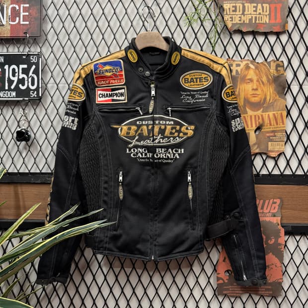 00s 베이츠 레더 메쉬 안감 레이싱 자켓 패치워크 포인트 블랙