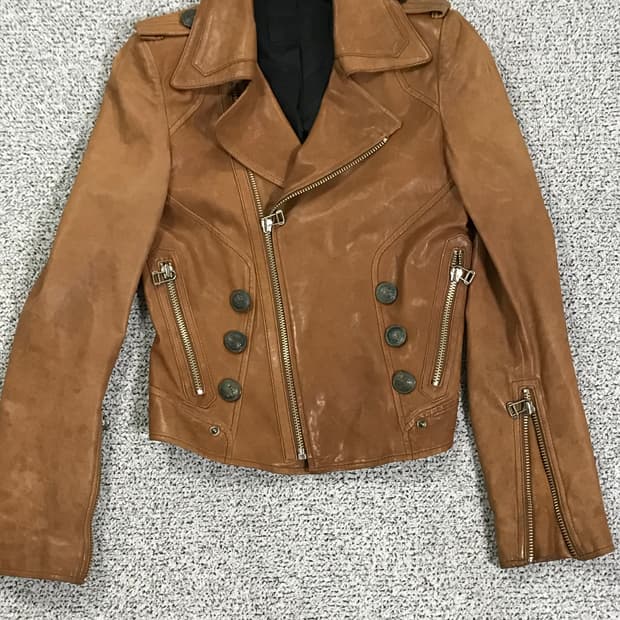 System Cropped Brown Leather Jacket