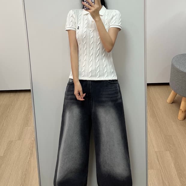 폴로 랄프로렌 딱붙핏 화이트 케이블 반팔 카라 니트