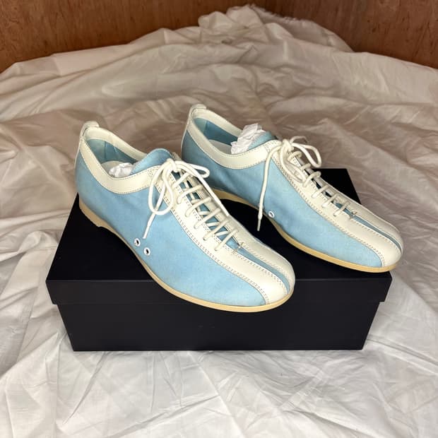 질 샌더 라이트 블루 캔버스 크림 레더 레이스업 스니커즈