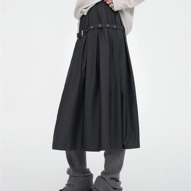밀로 우먼 벨트 포켓 미디 스커트 차콜