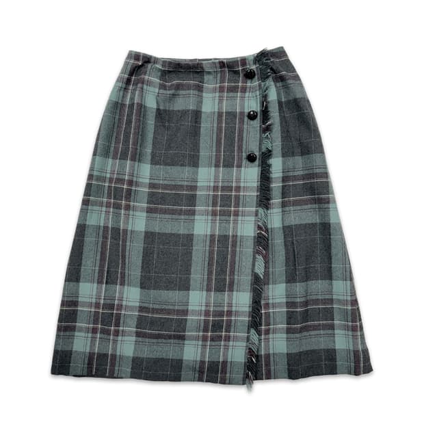 빈티지 그린 체크 랩 레이어드 미디 스커트