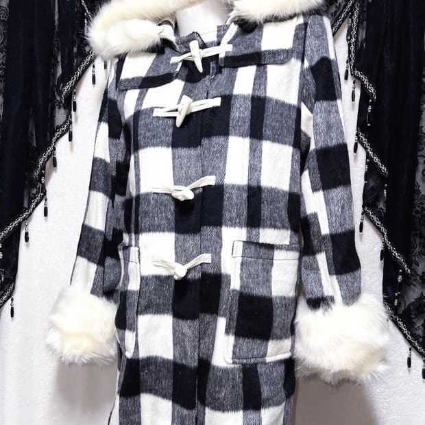 윈터페어리 로맨틱갸루 로걀 체크 퍼 후드 떡볶이코트 자켓 핀터 모리 라떼