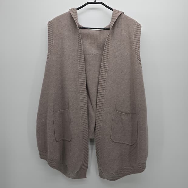 후드 니트 롱 조끼 베이지