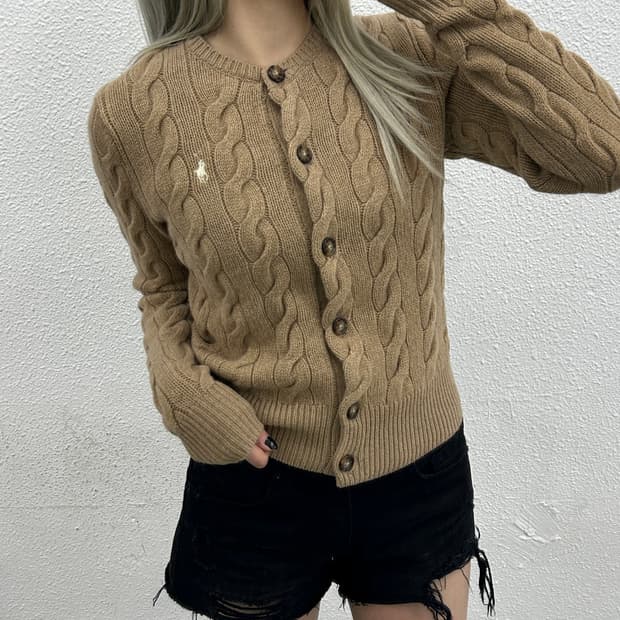폴로 랄프로렌 화이트포니 베이지 헤비울 꽈배기 가디건 S