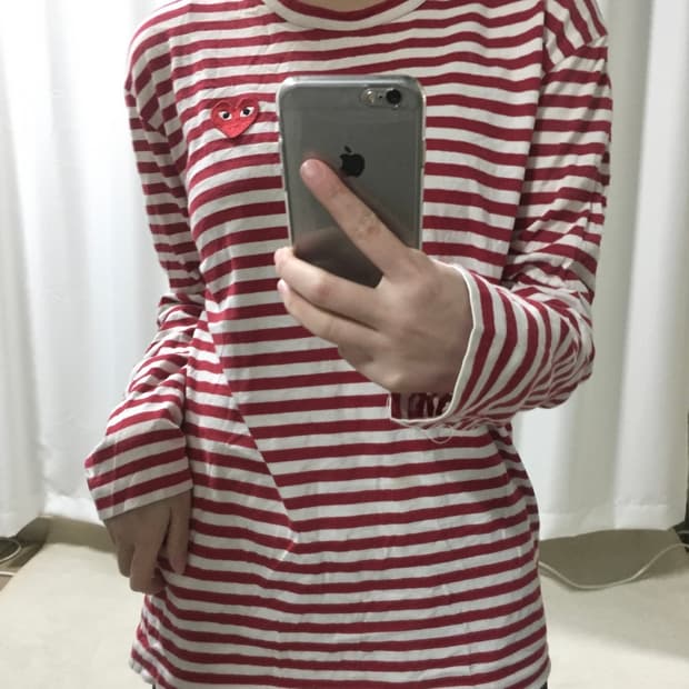꼼데가르송 레드 스트라이프 단가라 긴팔 롱슬리브 티셔츠