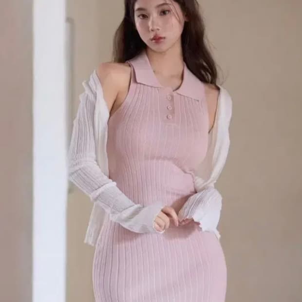 카인다미 카라 니트 원피스 핑크