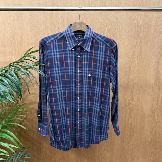 버버리 런던 코튼 셔츠 레드 그레이 체크 패턴 로고 자수 디테일 네이비