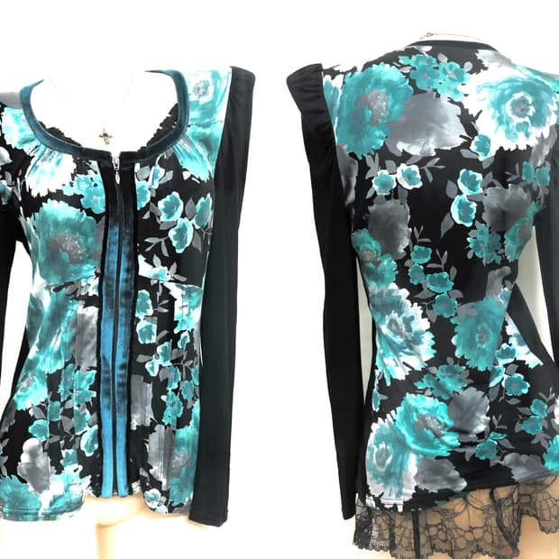 teal floral velvet zip up long sleeve