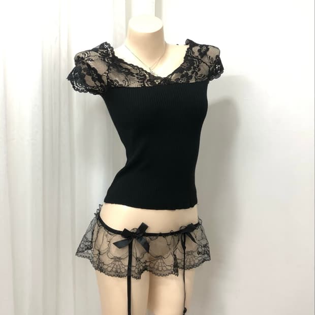 black floral lace ribbed top