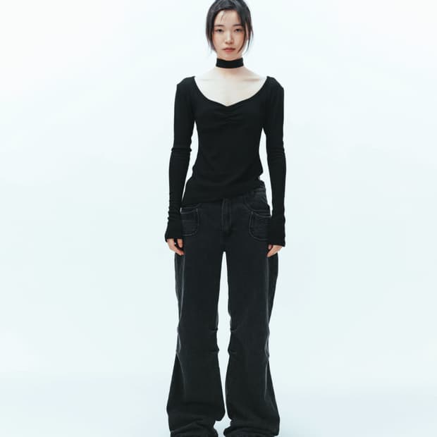 COYSEIO UNBALANCE SHIRRING TOP BLACK