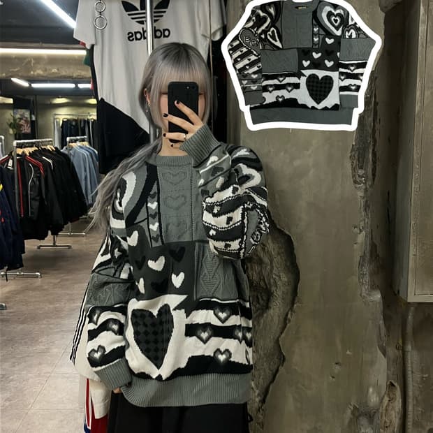 YWFG 빈티지 하트 패치워크 니트 그레이 #csz2622