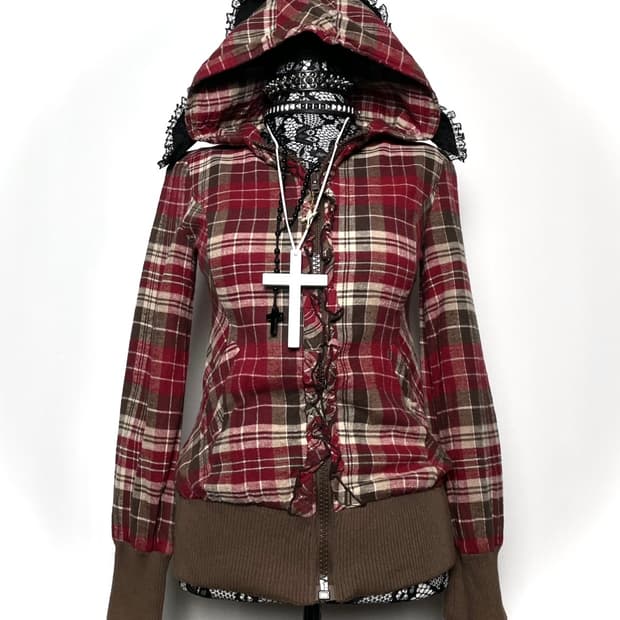 LIZLISA  리즈리사 레드 브라운 체크 패턴 후드집업