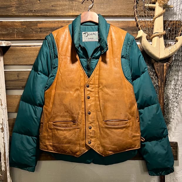 [M]90's 쇼트 USA Made 레더 베스트 분리형 그린 다운 패딩
