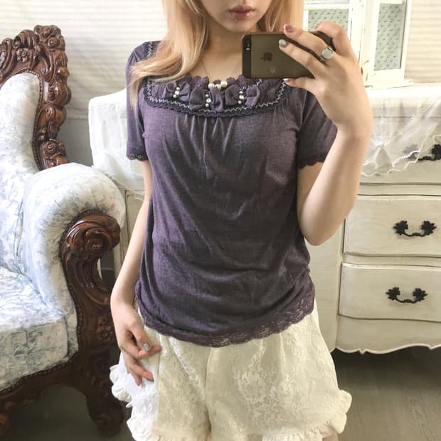 일본빈티지 퍼플 로걀 리본 반팔