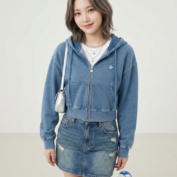 WACKY WILLY 와키윌리 우먼스 워싱 크롭 후드 집업 블루