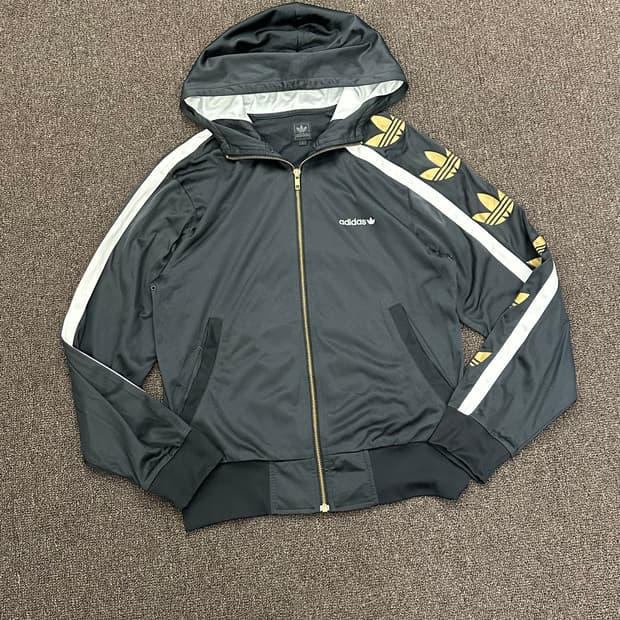 S)아디다스 빈티지 여성 골드 트레포일 로고 트랙탑 후드집업