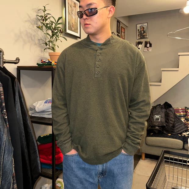 00’s LL Bean henry-neck waffle sleeve 