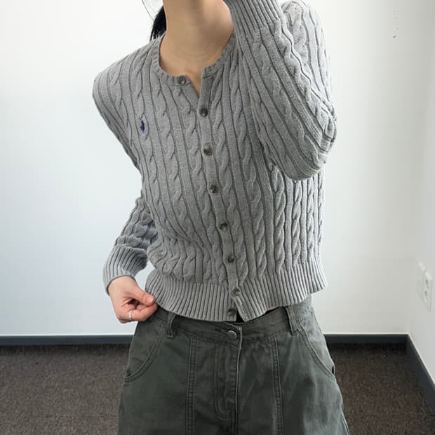 Polo 폴로 퍼플 포니 그레이 케이블 니트 가디건