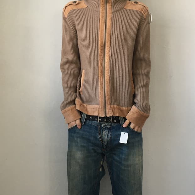 Patch point ribbed high neck zip up