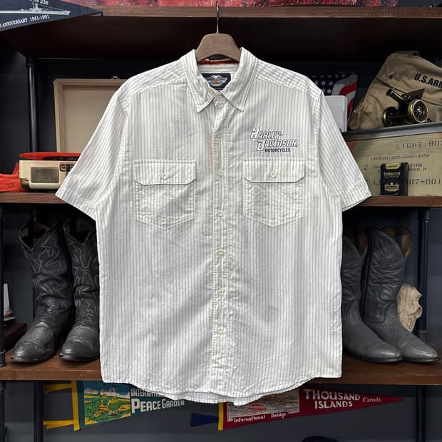 할리데이비슨 자카드 스트라이프 레터링 엠브로이드 워크셔츠 N1178