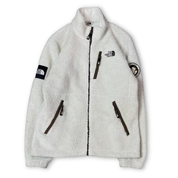 노스페이스 브라운 로고 화이트 뽀글이 플리스 자켓 M