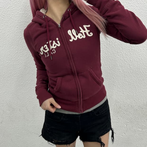 홀리스터 딱붙핏 버건디 양털 후드집업 XS