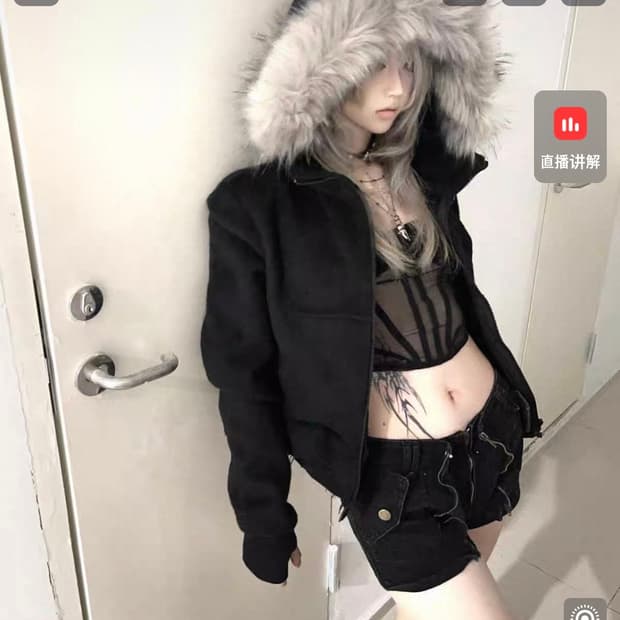 no E mosen 블랙 퍼 후드 집업 퍼자켓 y2k 갸루 와투케