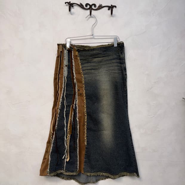 Denim grunge western leopard long skirt