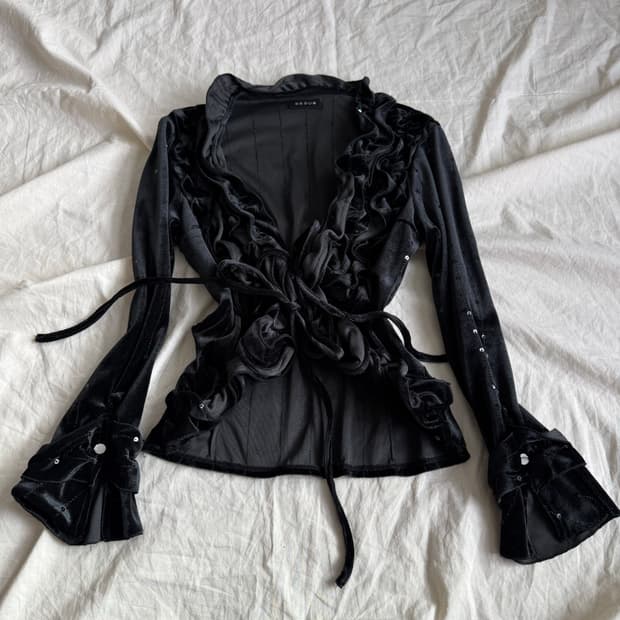 고스로리 오리엔탈 블랙 벨벳 프릴 가디건