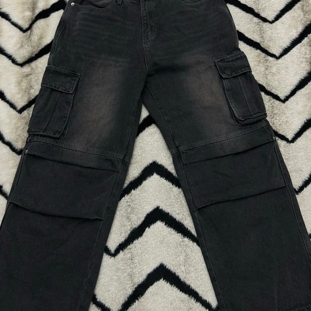 [L]트릴리온 파라슈트 와이드 카고 데님팬츠/흑청