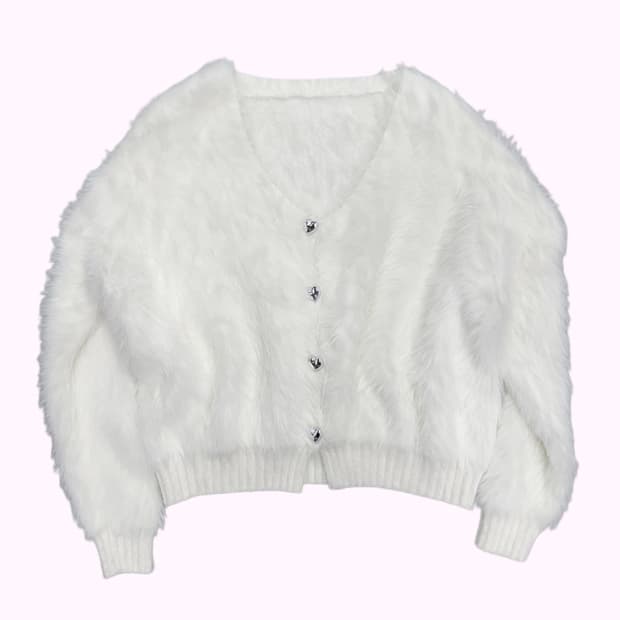 heart button white fur cardigan