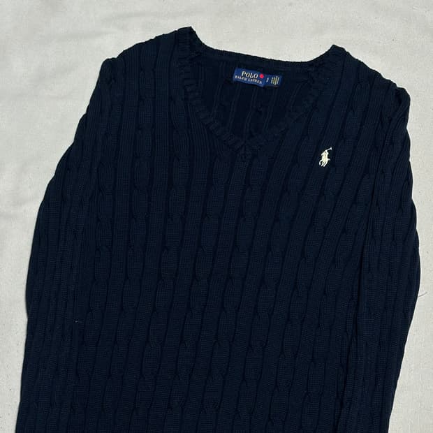 S 폴로랄프로렌 여성용 네이비 브이넥 케이블 니트 
