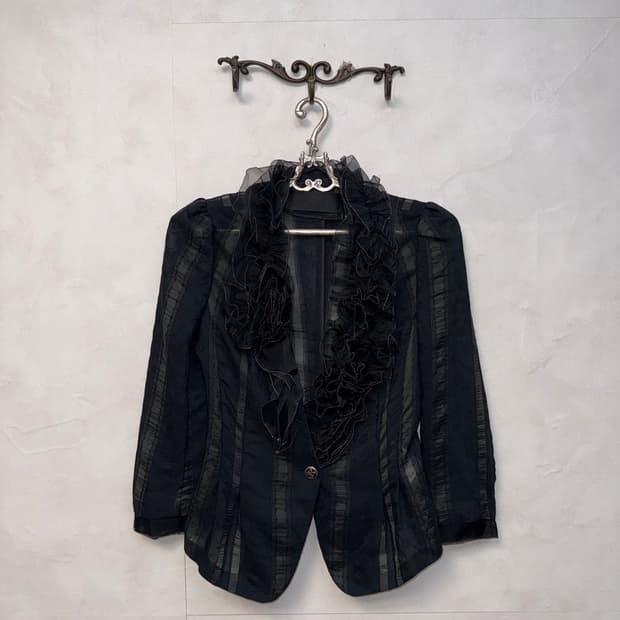 OBZEE black ruffle flower stripe jacket 