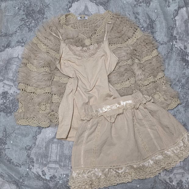 빈티지 페어리 그런지 퍼 자켓 케이프 나시 스커트 세트