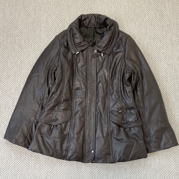 빈티지 하이넥 드로스트링 양가죽 레더 패딩 재킷