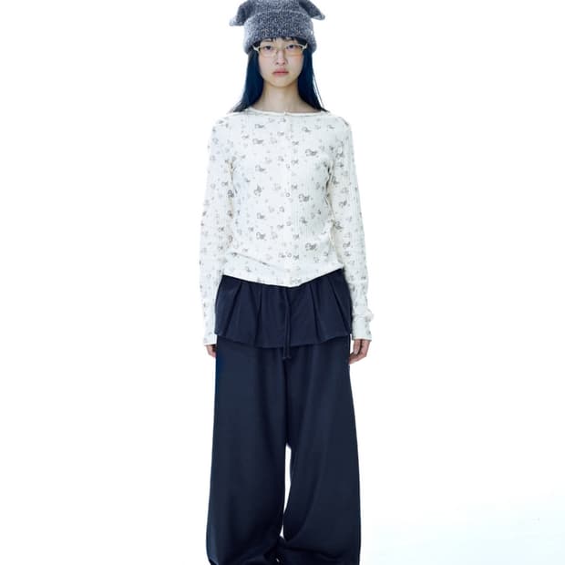 코이세이오 플리츠 오버 울 팬츠 스커트 네이비