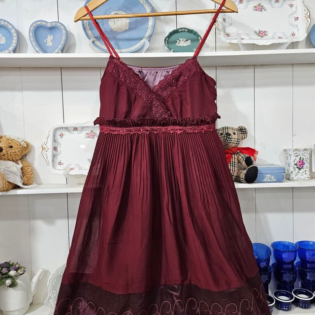 (axes femme) 버건디 레이스 쉬폰 슬리브리스 원피스