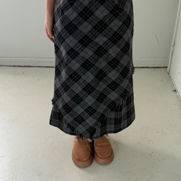 일본빈티지 울 타탄체크 프린지 롱스커트