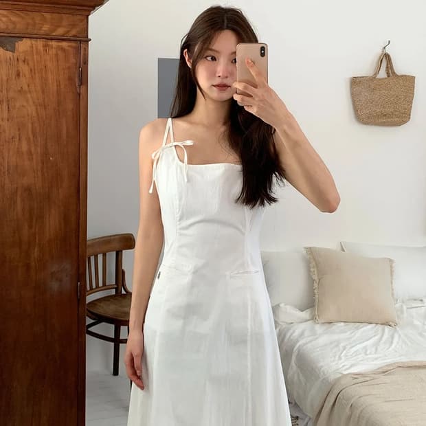 시티브리즈 나일론 스트랩 리본 롱 원피스 M (White)