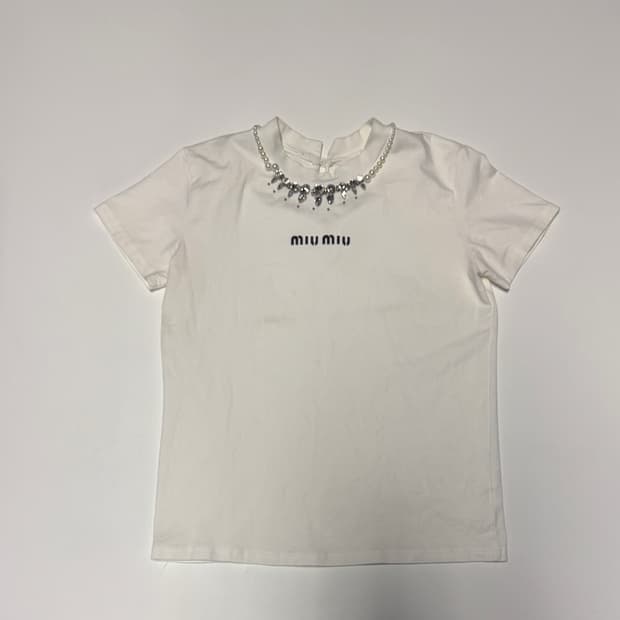 여성 미우미우 빈티지 커스텀 진주 큐빅 반팔 티셔츠 S