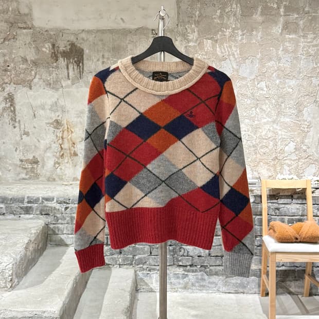 비비안 웨스트우드 앵글로마니아 믹스 orb 로고 아가일 모헤어 니트