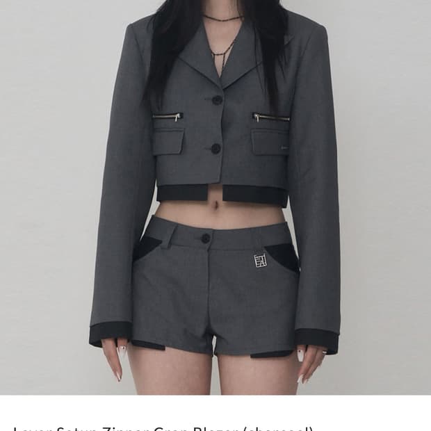 (Free) 에트오소메 레이어 지퍼 크롭 블레이저 (그레이)