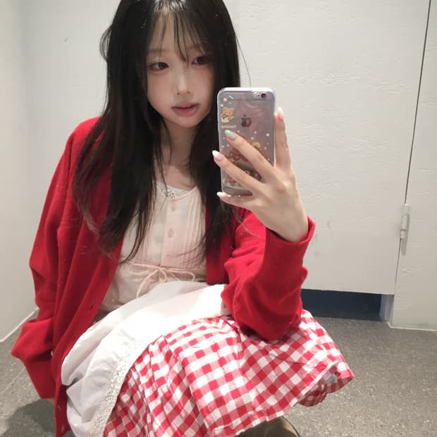 빈티지 딸기 레드 체크 모리 코디세트