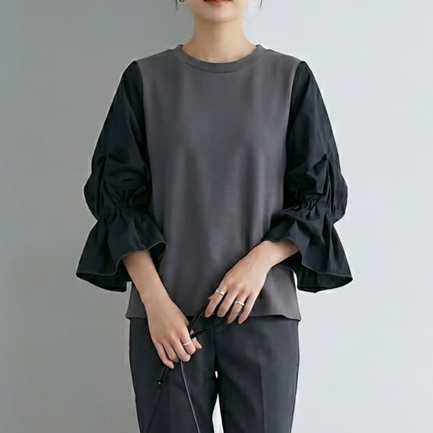 [66]오즈세컨 백 리본 셔링 퍼프 슬리브 티셔츠