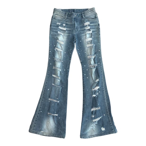 빈티지 디스트로이드 큐빅 스터드 플레어진 로우라이즈 팬츠