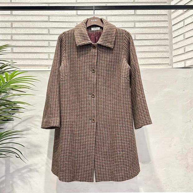 JPN VINTAGE 롱 코트 하운드투스 체크 패턴 투포켓 디테일 브라운