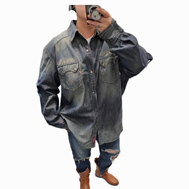 Bangbang 워싱 절개 데님셔츠