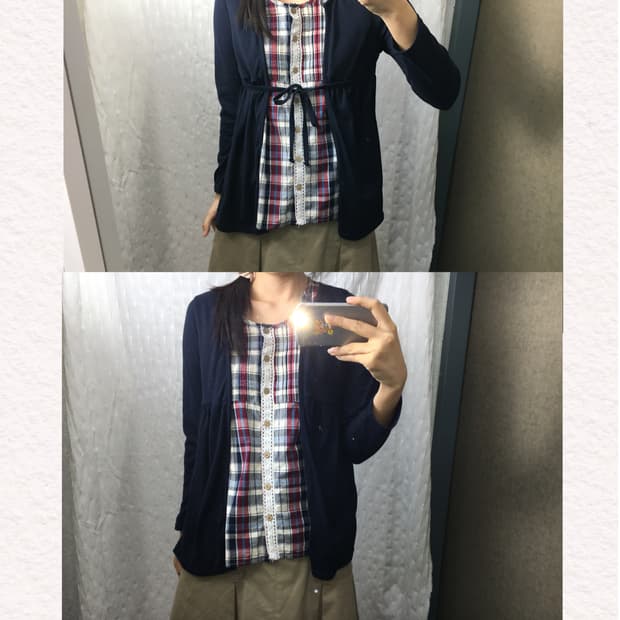 네이비 체크 레이어드 블라우스